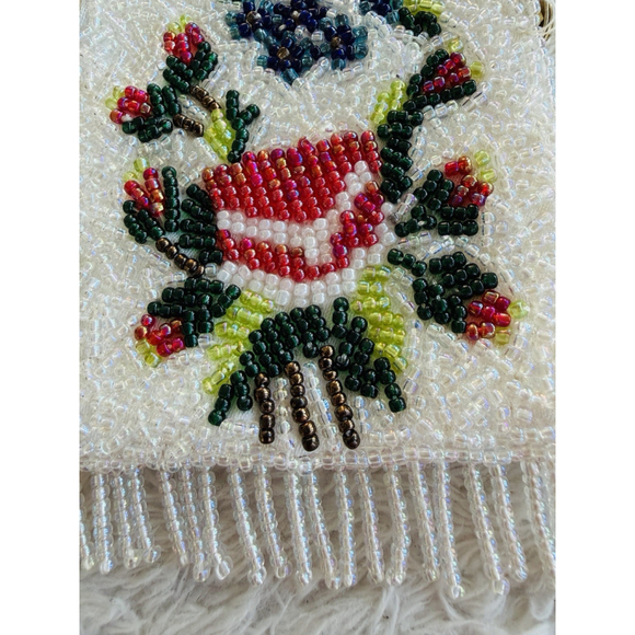 Vintage Floral Hand Beaded Fringe Chain Strap Tiny Seed Evening Purse Flapper - Picture 3 of 16